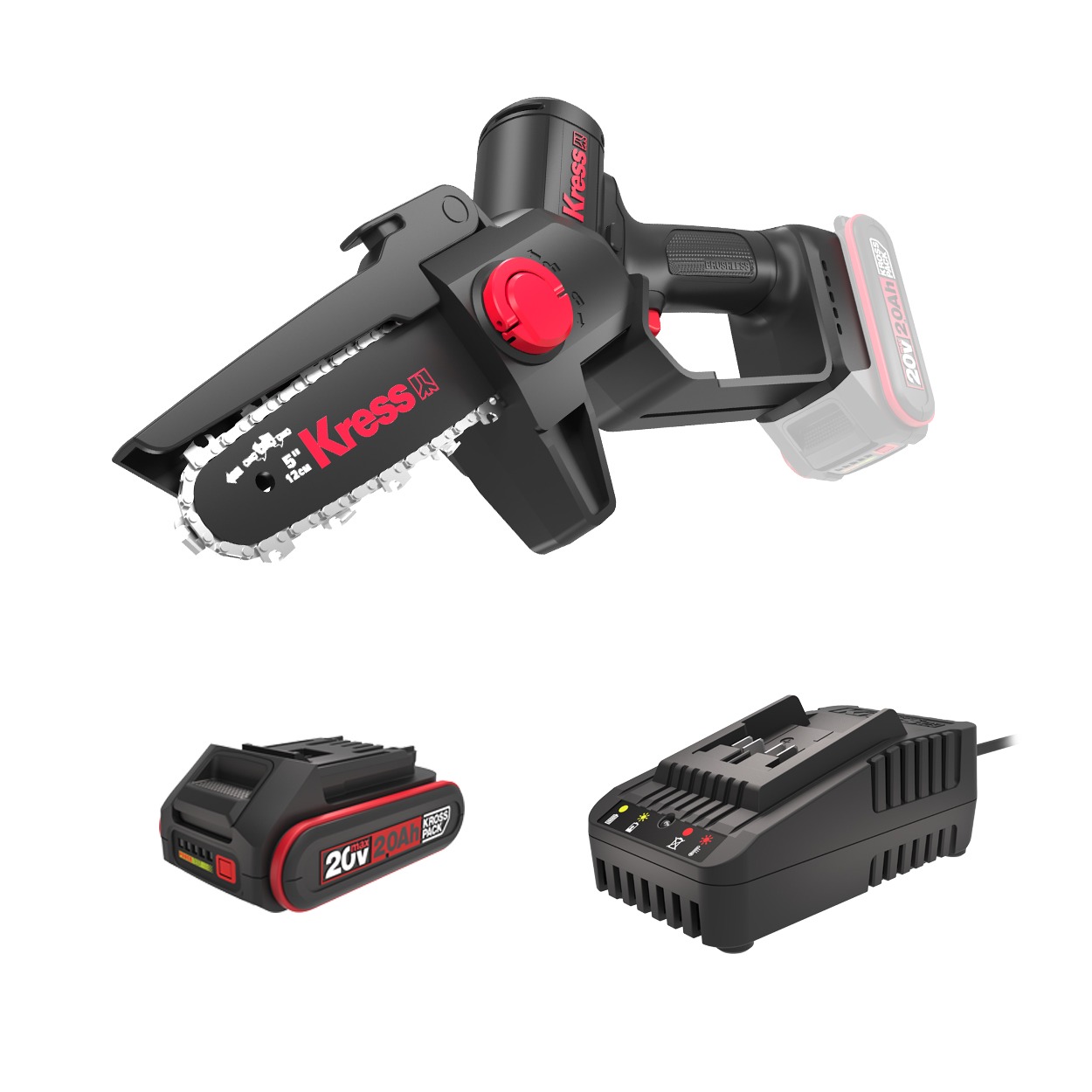Startset KRESS KG343E.9 20V accu mini kettingzaag 12cm zaagblad (1x gratis accu cadeau)