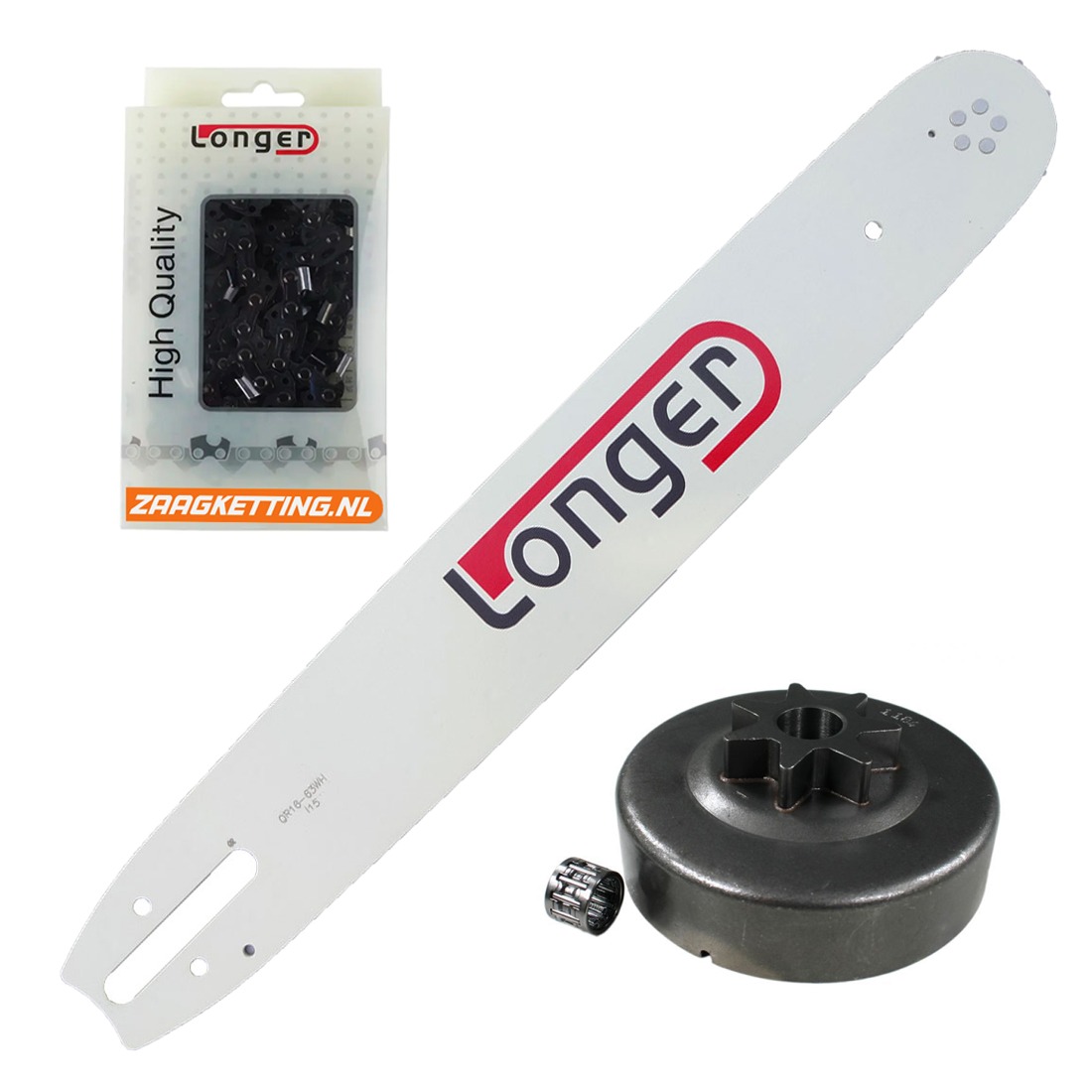 Onderhoudsbundel met 107cm zaaglengte passend voor Stihl 029, MS290, MS310, 034, MS340, 036, MS360, 039, MS390 (1,6mm massief zaagblad met wisselbaar neuswiel)