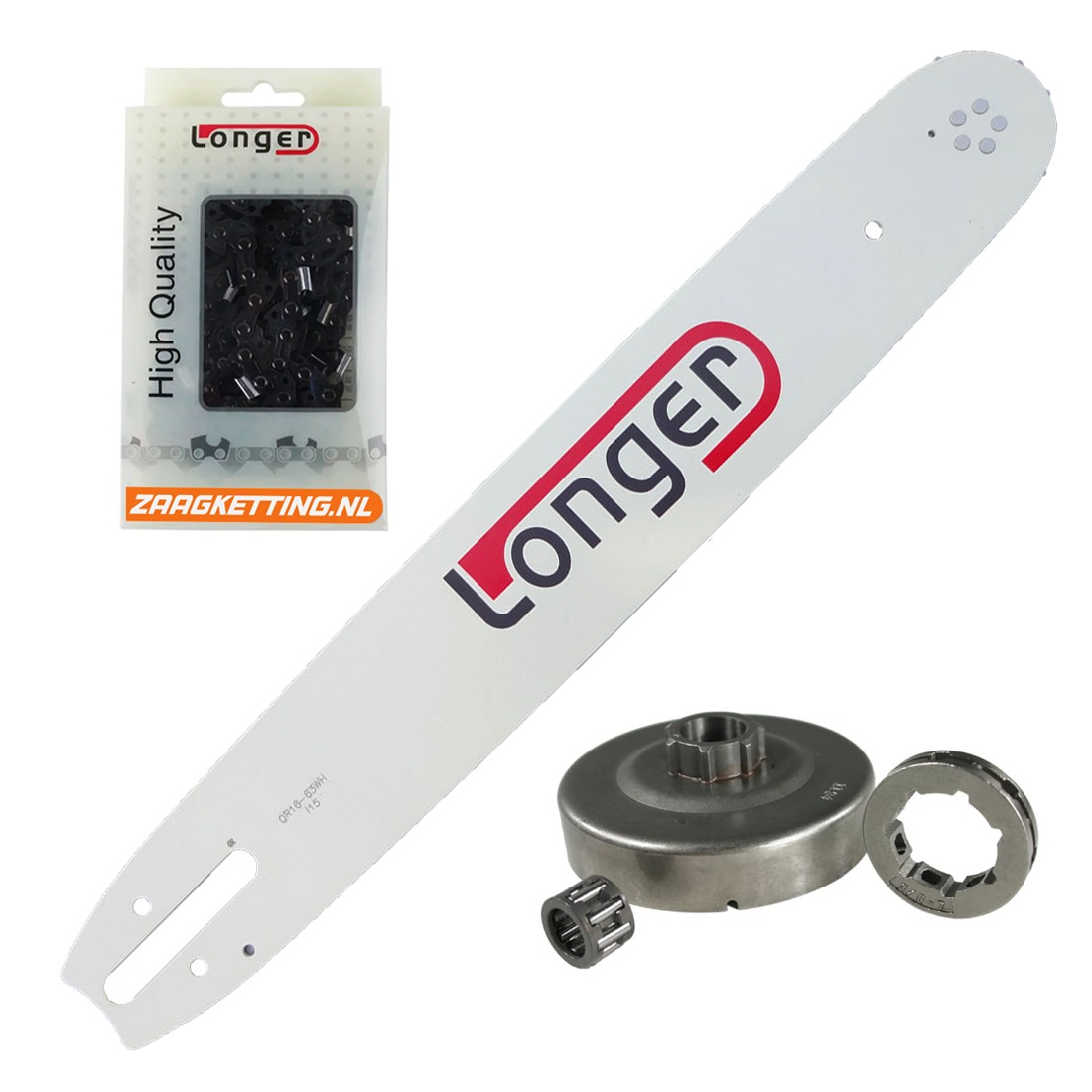 Onderhoudsbundel met 107cm zaaglengte passend voor Stihl MS341, MS361, MS362, 044 / MS440, MS441, 046 / MS460 (1,6mm massief zaagblad met wisselbaar neuswiel)