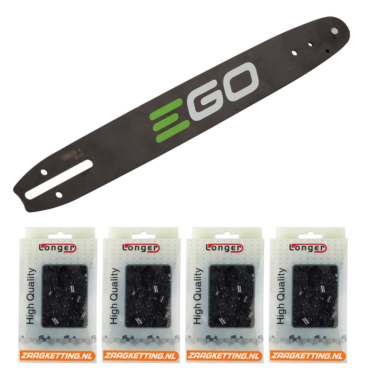 Voordeelbundel bestaande uit een 50cm AK2035 EGO zaagblad en 4 halfhaakse zaagkettingen B1FT078DL